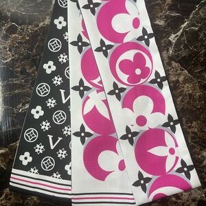 Black and White Scarf with Pink Accents (Twilly/ Bag Scarf)